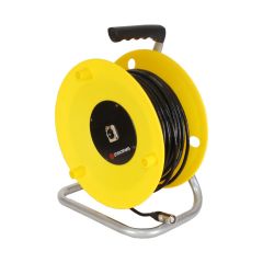 The black and yellow Pro CAT5e Cable Drum 50m Screened Neutrik Chassis